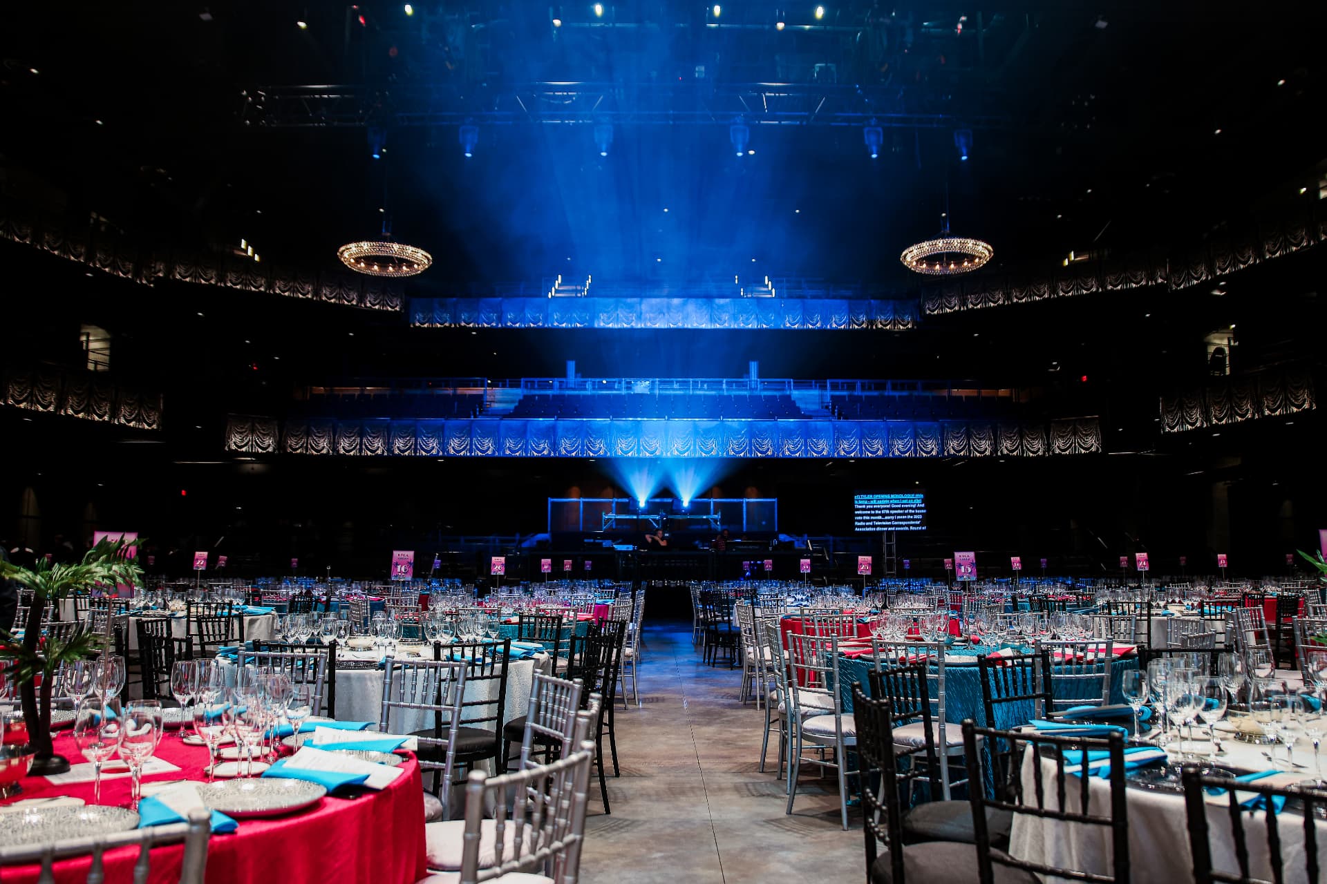 RTCA ballroom set in blue light before doors
