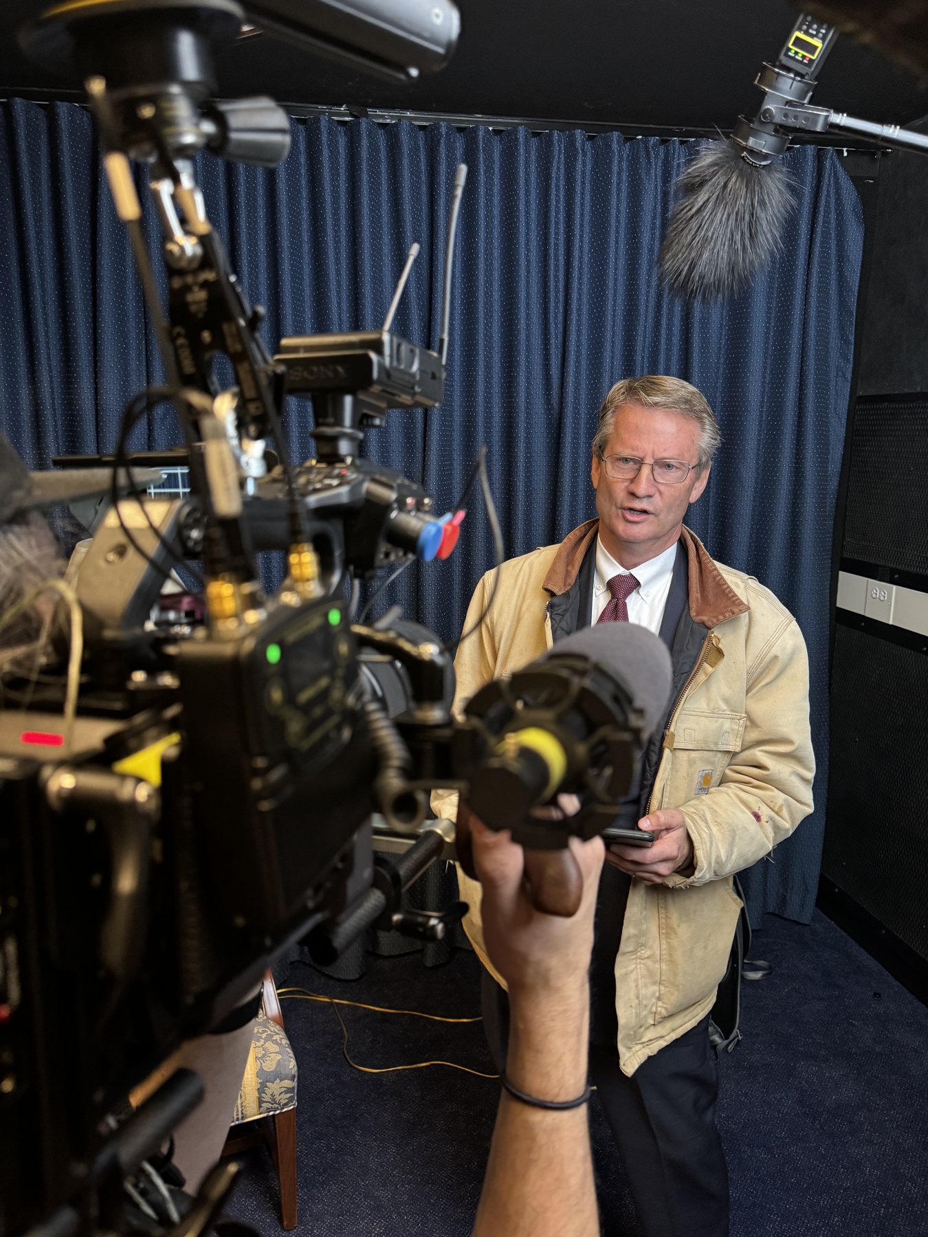 Field production setup for a news interview
